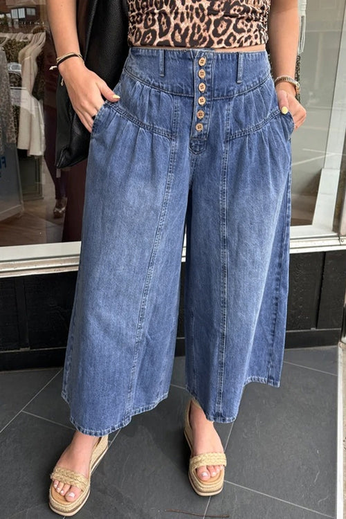 Denim Pleated High Rise Cropped Wide Leg Pants