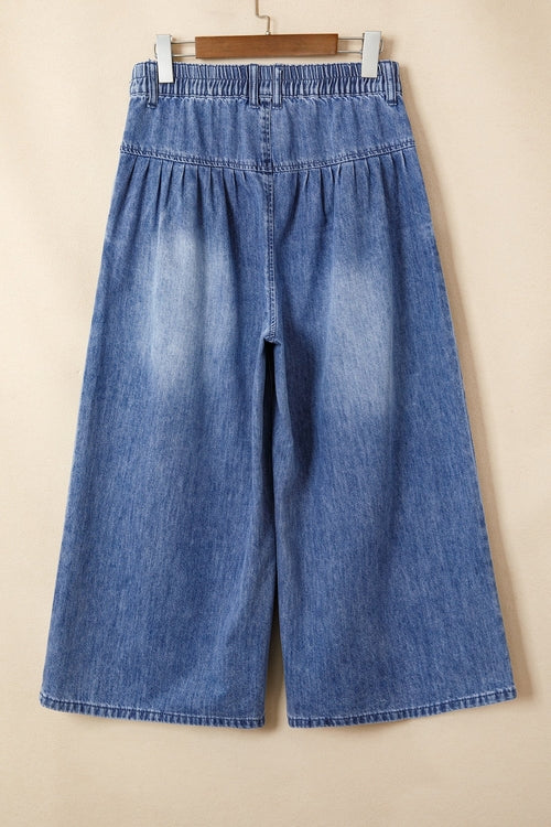 Denim Pleated High Rise Cropped Wide Leg Pants